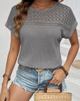 Slate Gray Waffle-Knit Round Neck Short Sleeve Top