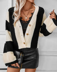 Waffle-Knit V-Neck Striped Long Sleeve Cardigan