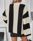 Waffle-Knit V-Neck Striped Long Sleeve Cardigan