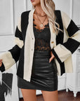 Waffle-Knit V-Neck Striped Long Sleeve Cardigan