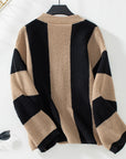 Waffle-Knit V-Neck Striped Long Sleeve Cardigan