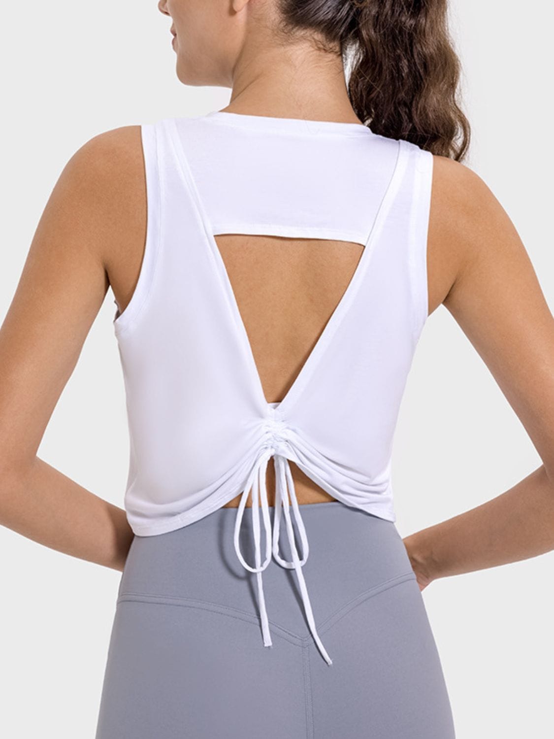 Light Gray Drawstring Cutout Round Neck Active Tank