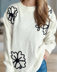 Flower Round Neck Long Sleeve Sweater