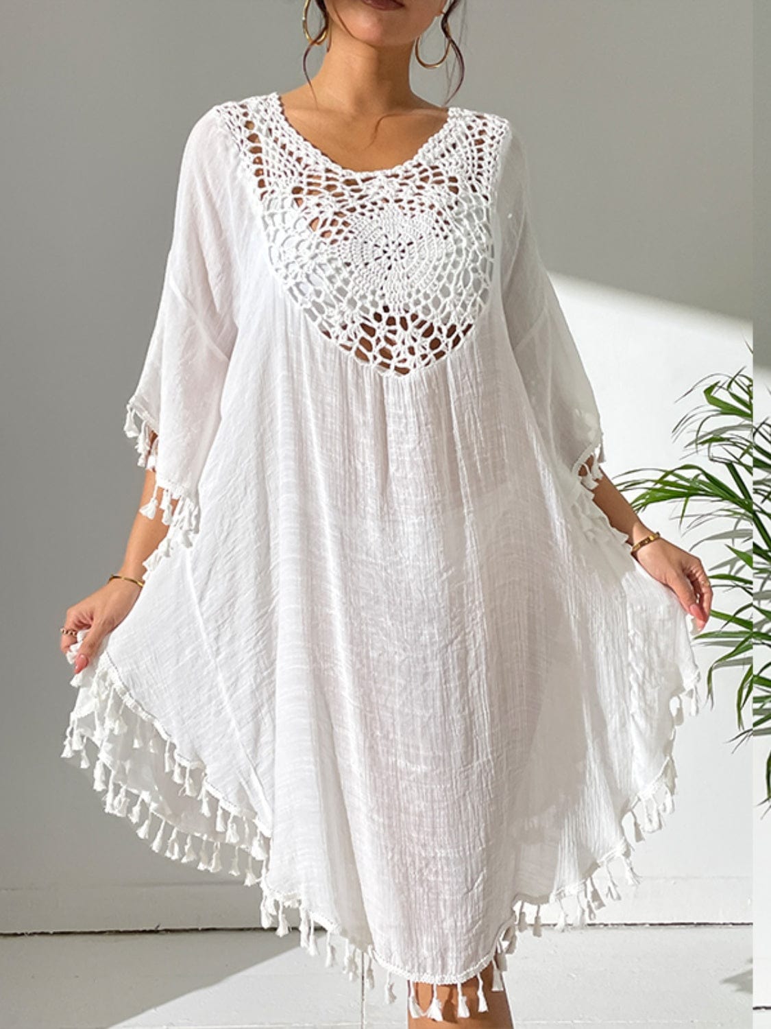 Gray Tassel Cutout Scoop Neck Cover-Up Dress