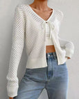 Tied Openwork V-Neck Long Sleeve Cardigan