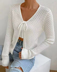 Tied Openwork V-Neck Long Sleeve Cardigan