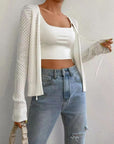 Tied Openwork V-Neck Long Sleeve Cardigan