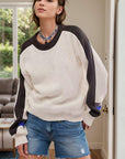 Waffle-Knit Contrast Round Neck Sweater