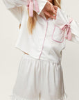 Basic Bae Tied Cuff Collared Neck Top and Frill Shorts Lounge Set