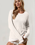 Double Take Corded Rib Thumbhole Cuff Round Neck T-Shirt