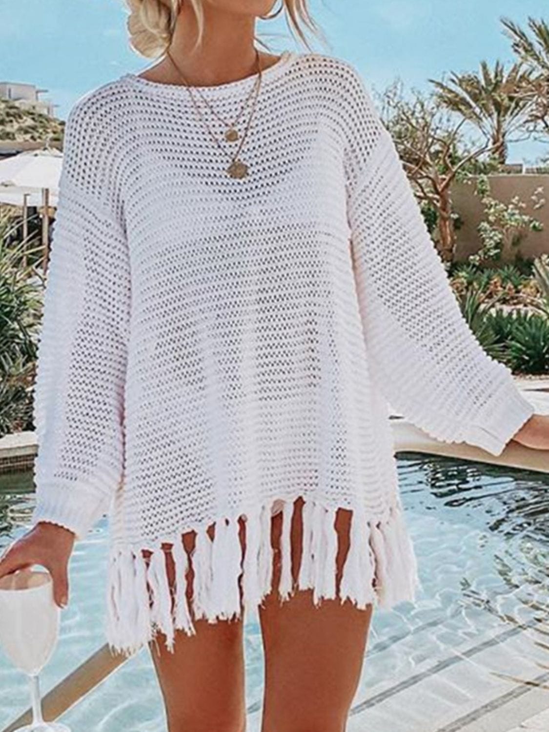 Gray Double Take Openwork Tassel Hem Long Sleeve Knit Cover Up