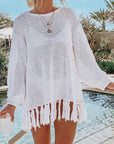 Gray Double Take Openwork Tassel Hem Long Sleeve Knit Cover Up