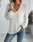 Double Take Pocketed Textured V-Neck Long Sleeve T-Shirt