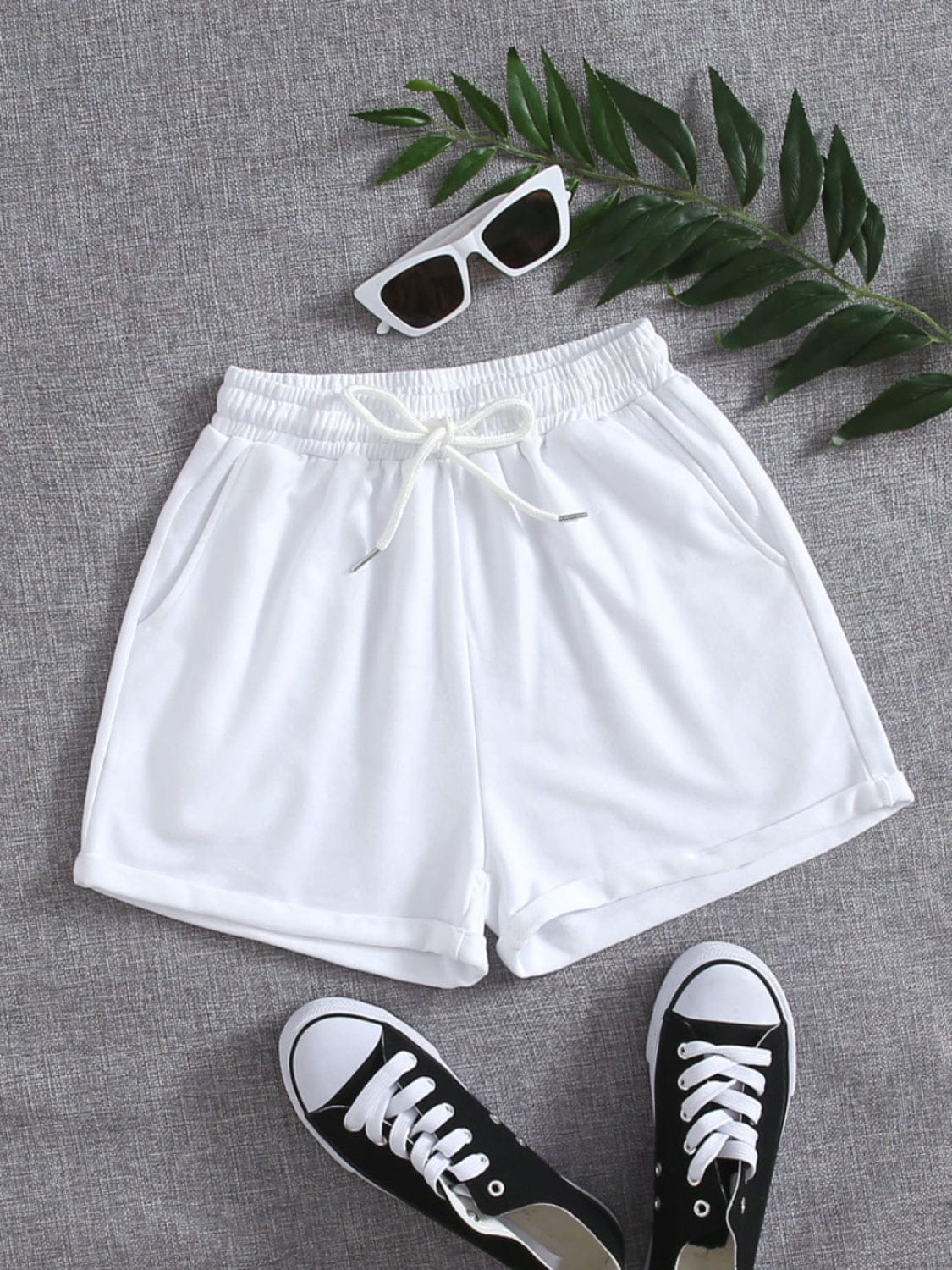 Light Slate Gray Drawstring Pocketed Elastic Waist Shorts