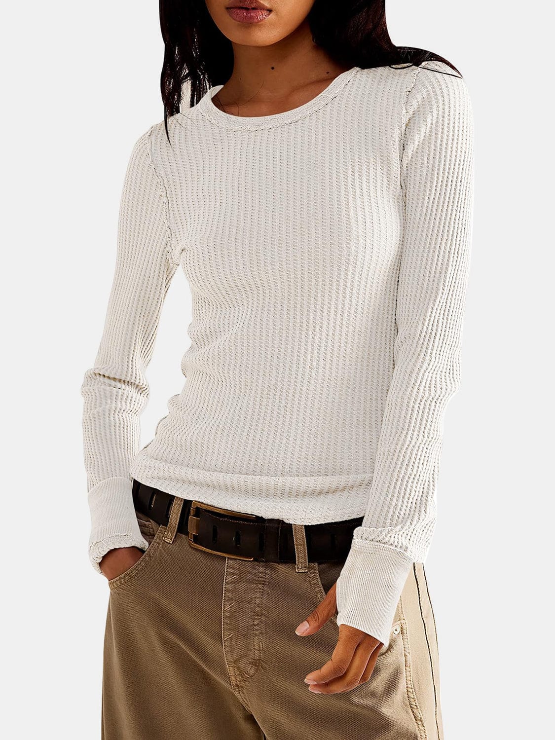 Antique White Exposed Seam Round Neck Long Sleeve T-Shirt