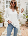 Eyelet Notched Neck Balloon Sleeve Blouse