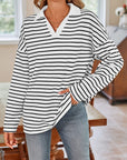 Lovelet Striped Johnny Collar Long Sleeve T-Shirt