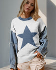 Double Take Full Size Star Pattern Raw Edge Long Sleeve Sweater