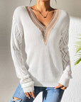 Gray Openwork V-Neck Long Sleeve Sweater