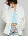 POL Openwork Lantern Sleeve Button Down Gauze Shirt