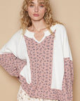 POL Waffle Knit Floral Notched Long Sleeve Top