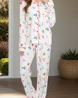 Printed Collared Neck Long Sleeve Top and Pants Lounge Set