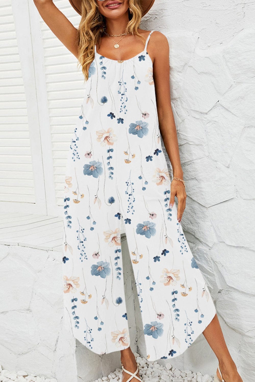 Light Gray Printed Scoop Neck Wide Leg Jumpsuit