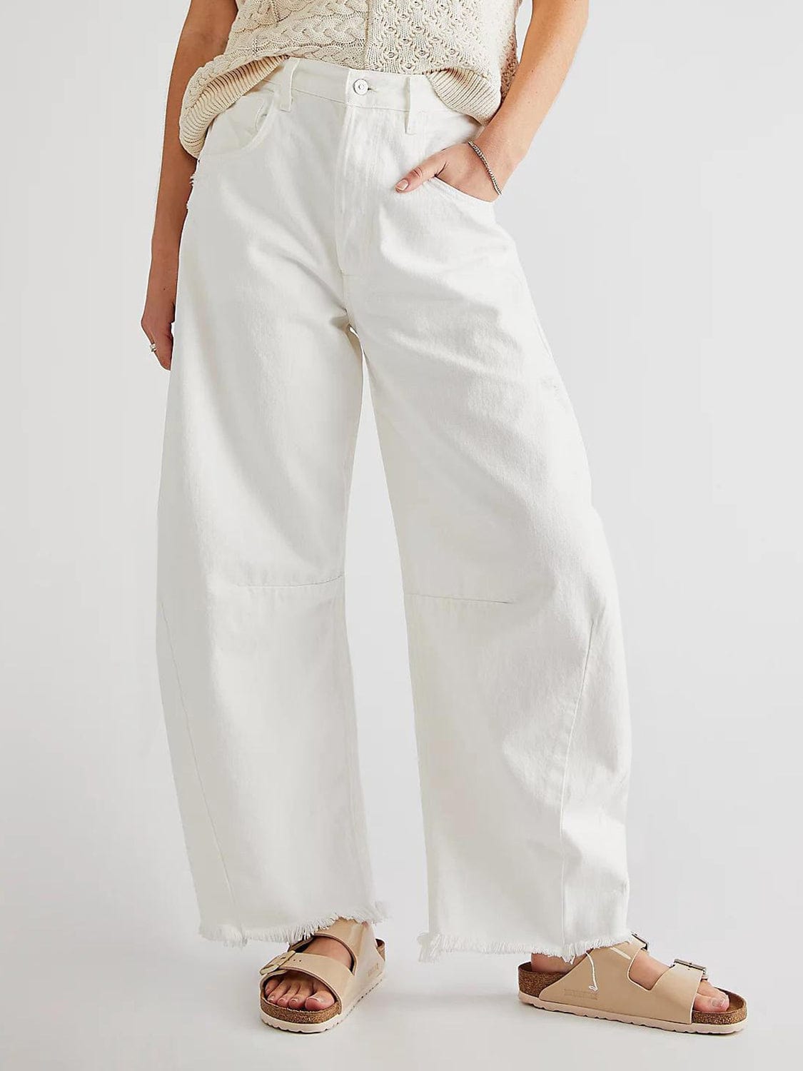 Light Gray Raw Hem Wide Leg Jeans with Pockets