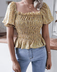 Frill Smocked Square Neck Short Sleeve Blouse