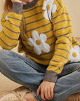 Flower Stripe Round Neck Long Sleeve Sweater