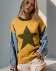 Double Take Full Size Star Pattern Raw Edge Long Sleeve Sweater