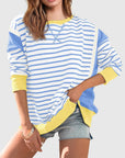 Slit Exposed Seam Striped Long Sleeve Sweatshirt