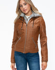 YMI Faux Layered Double-Zipper Jacket with Fuzzy Hood