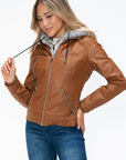 YMI Faux Layered Double-Zipper Jacket with Fuzzy Hood