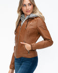 YMI Faux Layered Double-Zipper Jacket with Fuzzy Hood