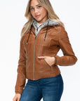 YMI Faux Layered Double-Zipper Jacket with Fuzzy Hood