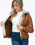 YMI Faux Layered Double-Zipper Jacket with Fuzzy Hood