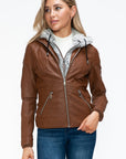 YMI Faux Layered Double-Zipper Jacket with Fuzzy Hood