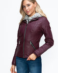 YMI Faux Layered Double-Zipper Jacket with Fuzzy Hood