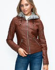 YMI Faux Layered Double-Zipper Jacket with Fuzzy Hood