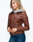 YMI Faux Layered Double-Zipper Jacket with Fuzzy Hood