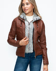 YMI Faux Layered Double-Zipper Jacket with Fuzzy Hood