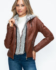 YMI Faux Layered Double-Zipper Jacket with Fuzzy Hood