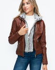 YMI Faux Layered Double-Zipper Jacket with Fuzzy Hood