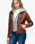 YMI Faux Layered Double-Zipper Jacket with Fuzzy Hood