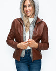 YMI Faux Layered Double-Zipper Jacket with Fuzzy Hood