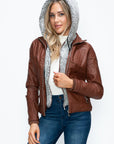 YMI Faux Layered Double-Zipper Jacket with Fuzzy Hood