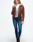 YMI Faux Layered Double-Zipper Jacket with Fuzzy Hood