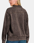 Zenana Acid Washed Half Snap Fleece Sweatshirt