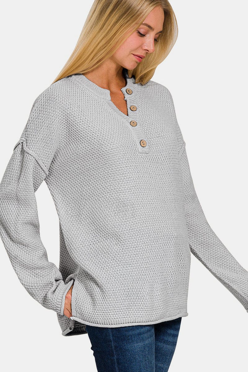 Light Gray Zenana Button Closure Drop Shoulder Sweater